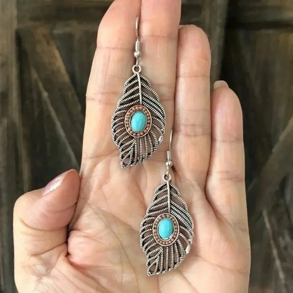 Turquoise Copper Silver Filigree Leaf Drop Earrings NWT - Picture 1 of 3